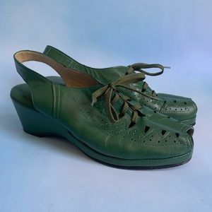 Green Leather Lace Up Peep Toe Wedge Sandals